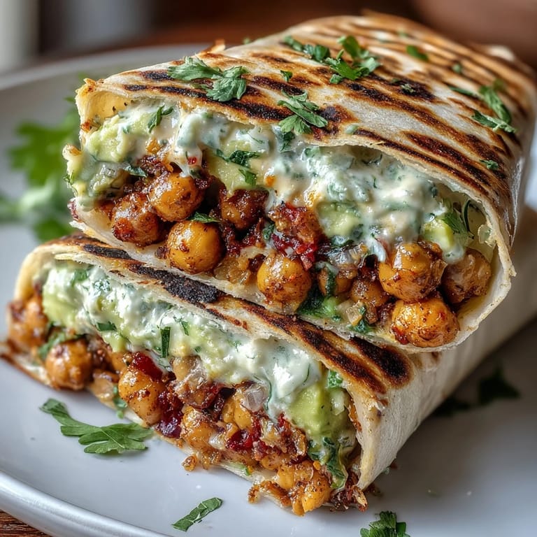 Colorful vegan chickpea avocado wrap bursting with bold spices and fresh greens.  