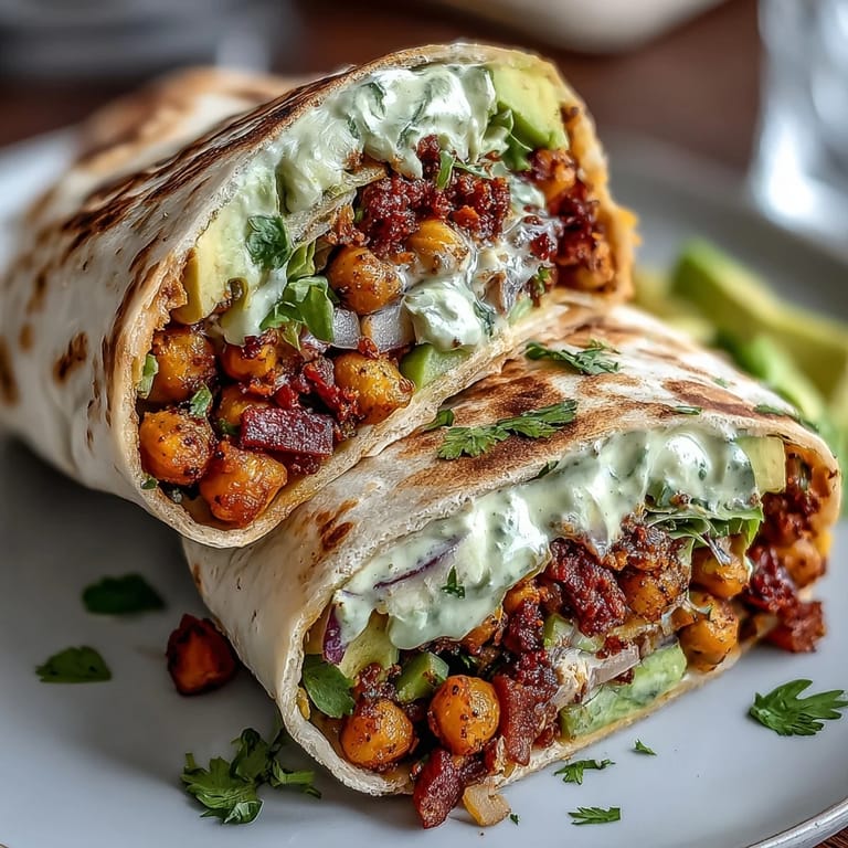 Healthy plant-based wrap filled with spicy chickpeas, ripe avocado, and crunchy veggies.