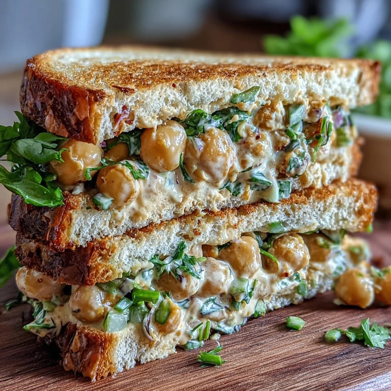 Wholesome chickpea salad sandwich packed with protein, crisp veggies, and zesty vegan mayo, perfect for a quick lunch.  