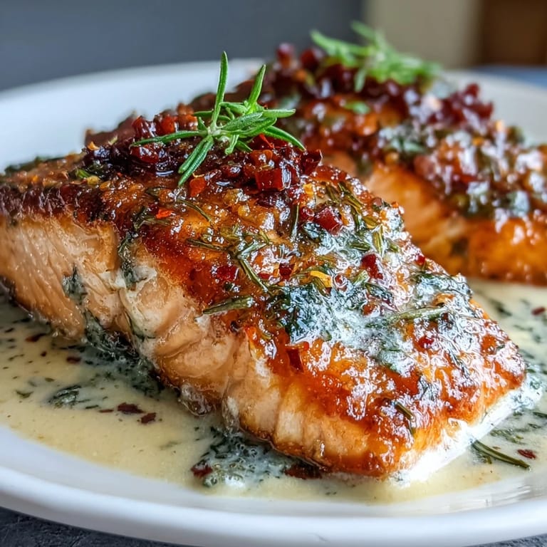 Golden seared salmon fillets in a luscious creamy sauce, garnished with fresh basil and red pepper flakes.