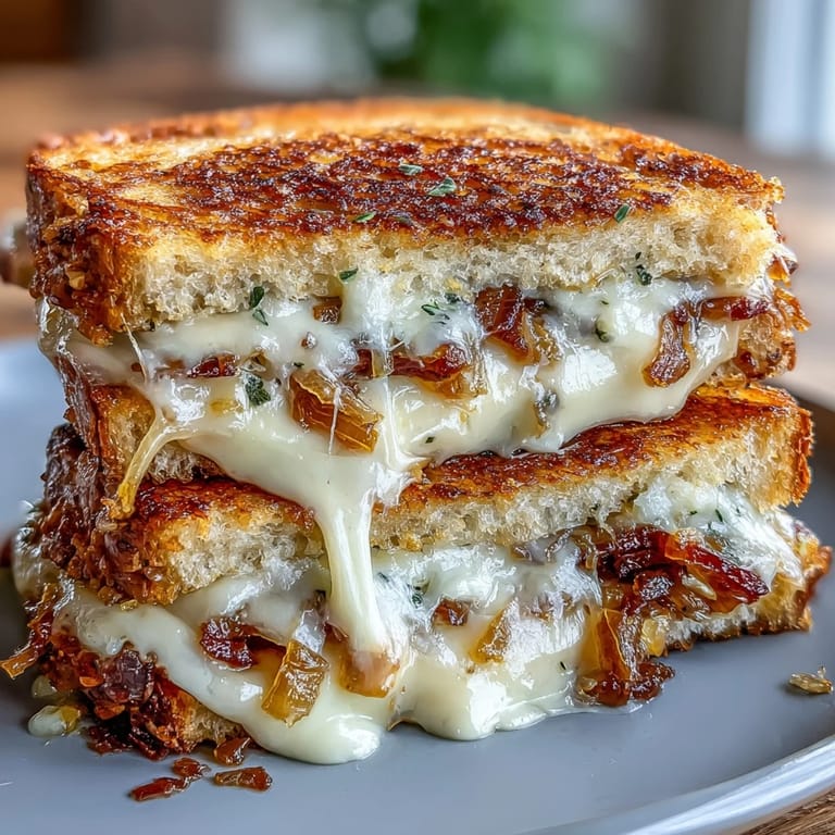 Rich Gruyere and sweet caramelized onions melt between tangy sourdough slices.
