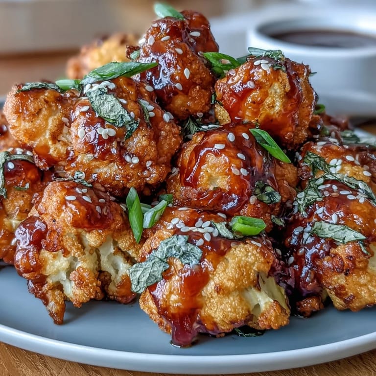 Air-fried cauliflower florets in a bold General Tso's sauce, served as a vegetarian main or flavorful appetizer.