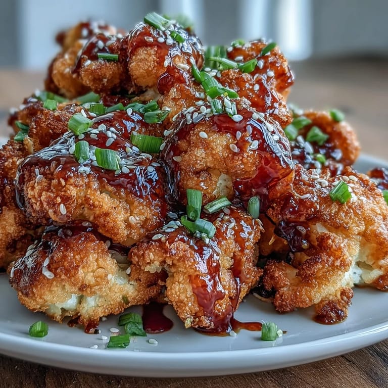 Golden battered cauliflower bites tossed in a rich General Tso's glaze, garnished with sesame seeds and scallions.  