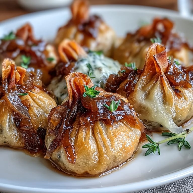Golden-brown French onion soup dumplings with melted cheese and a savory broth drizzle for dipping.