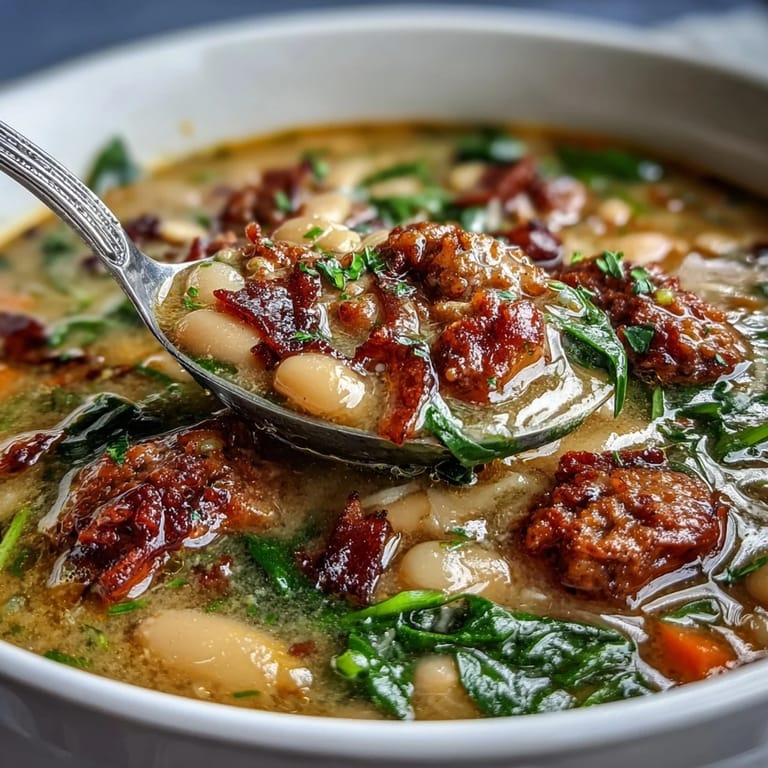Cozy Italian sausage and white bean soup served hot with optional Parmesan and parsley garnish.