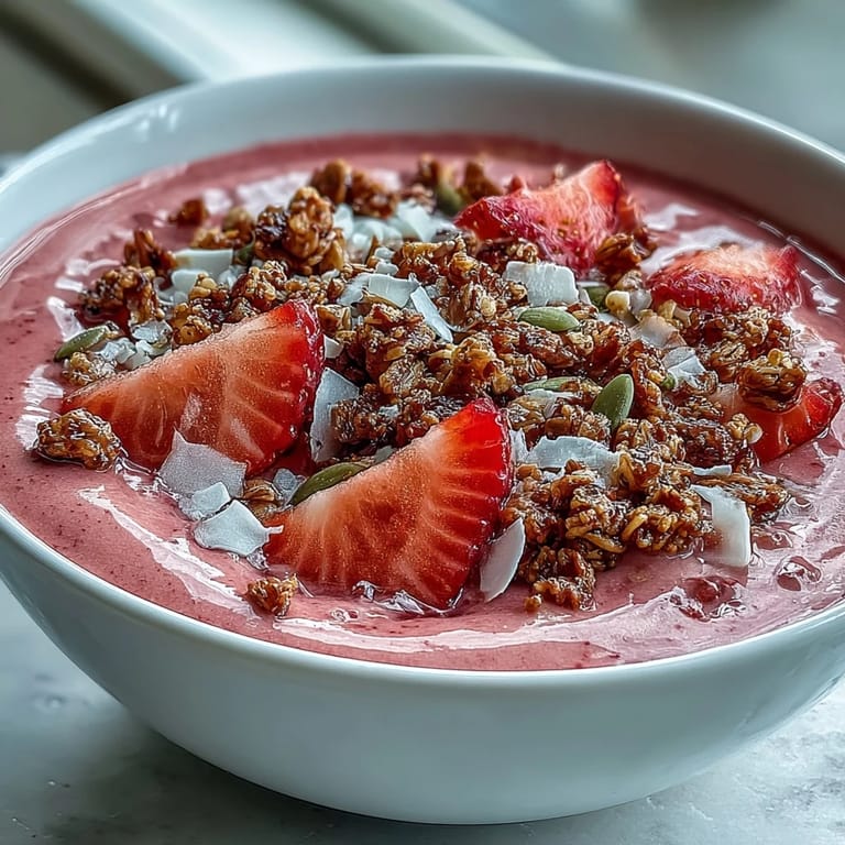 Creamy strawberry smoothie bowl layered with crunchy granola, fresh strawberries, and edible flowers, ideal for a Galentines brunch celebration.