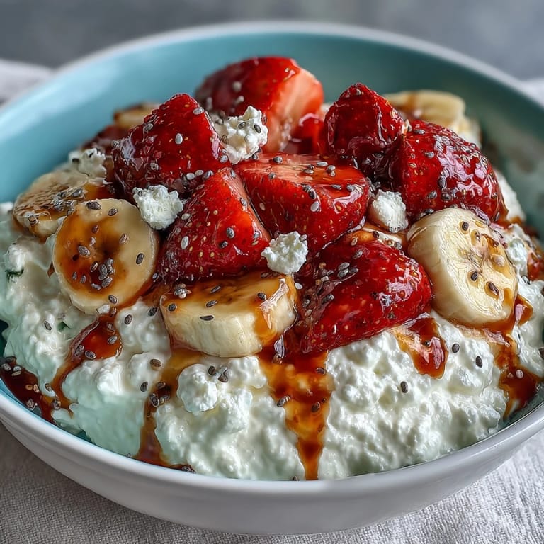 A healthy cottage cheese fruit bowl with mixed berries, honey drizzle, and fresh mint leaves for a refreshing breakfast.