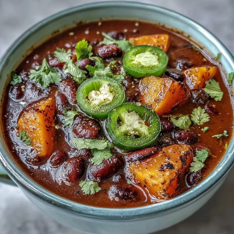 Warm and comforting bowl of smoky black bean and sweet potato soup garnished with zesty lime crema, perfect for a cozy vegetarian dinner.