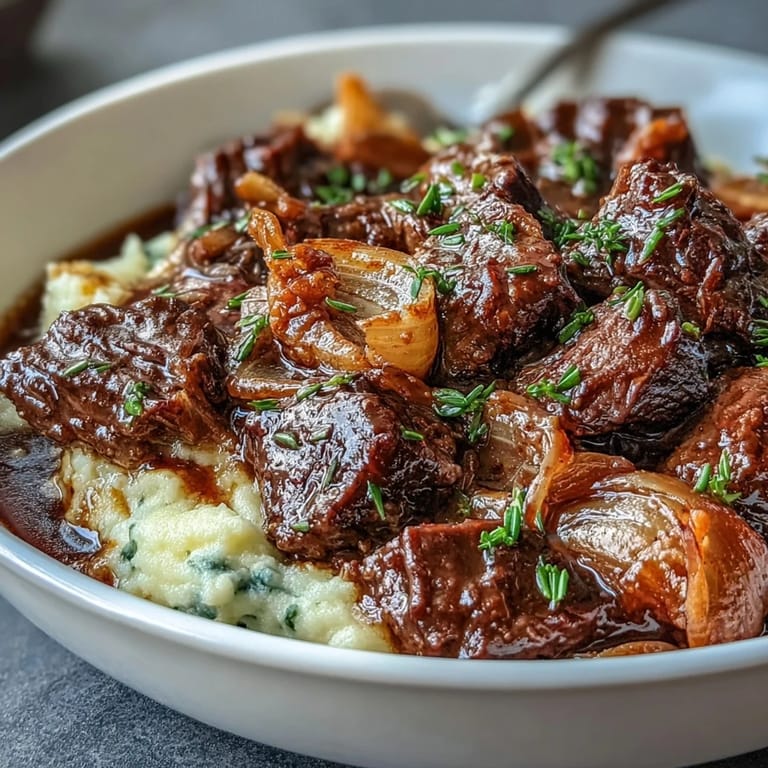 Tender lean beef and vegetables in rich broth, ladled over buttery cauliflower mash for a cozy Irish-inspired dinner.
