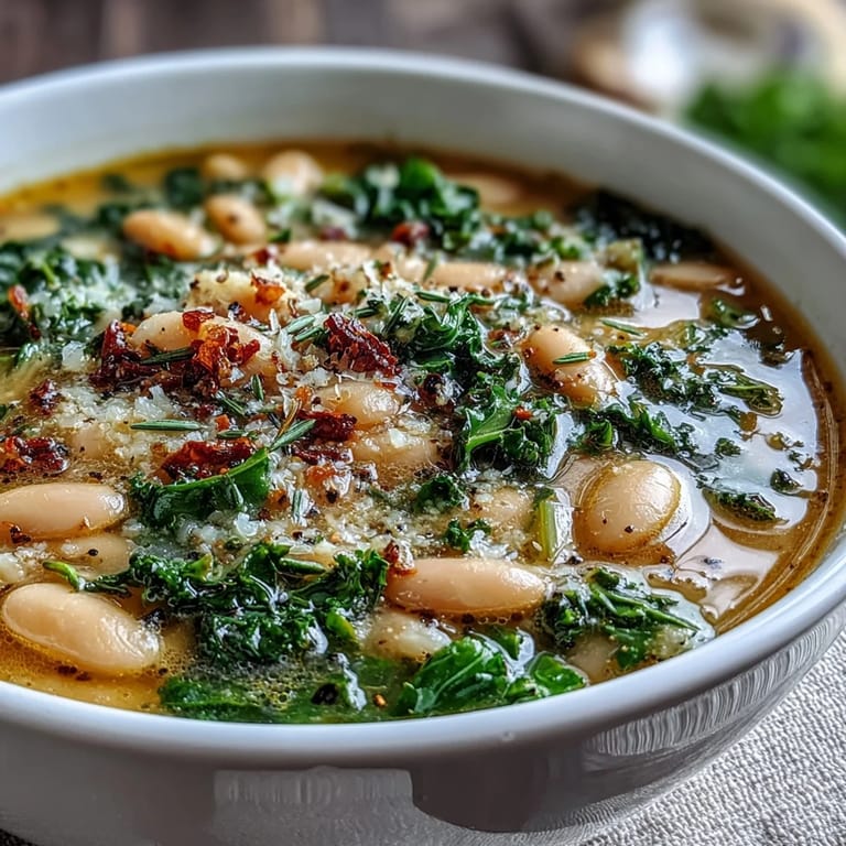 Hearty Italian soup featuring white beans, fresh kale, and zesty lemon, served in a rustic bowl with Parmesan and olive oil.
