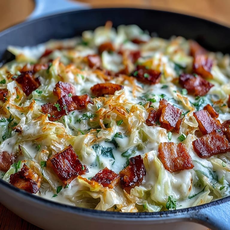 A one-pan Creamy Cabbage and Ham Skillet featuring sautéed cabbage, diced ham, and a luscious cream sauce, ideal for low-carb meals.