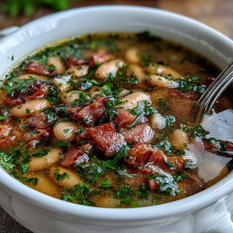 Rustic bowl of comforting ham and cannellini bean soup with vibrant fresh herbs, perfect for a cozy meal.