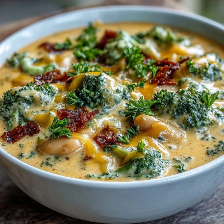 Velvety smooth broccoli and cheddar bean soup with tender vegetables and white beans, served with a side of crusty bread.