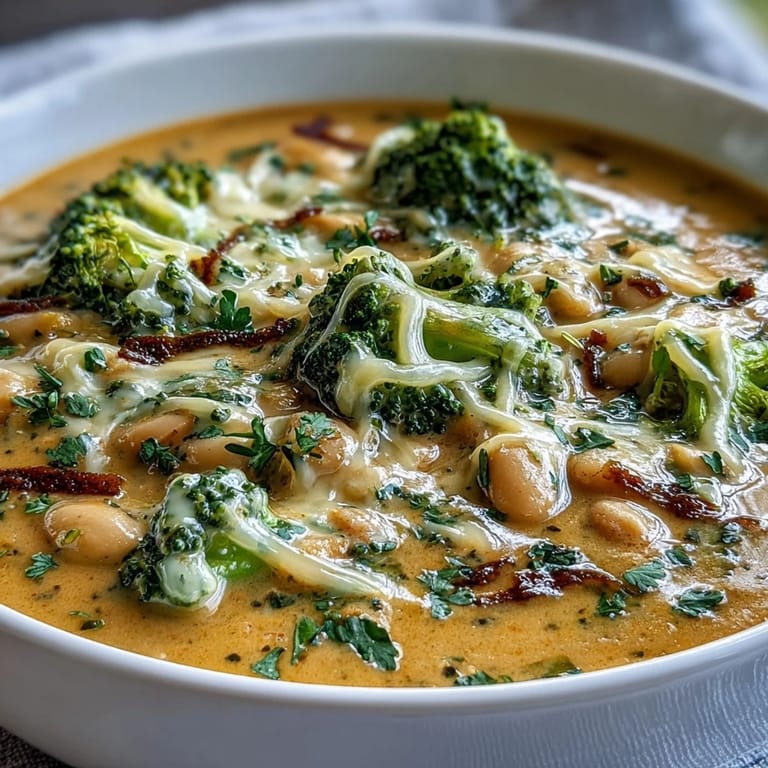 Rich and comforting broccoli and cheddar bean soup, featuring a creamy texture and a blend of sharp cheddar and hearty cannellini beans.