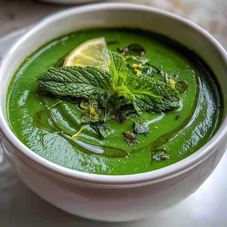 Creamy green detox vegetable soup with zucchini and peas, served hot with a swirl of olive oil and mint leaves.  