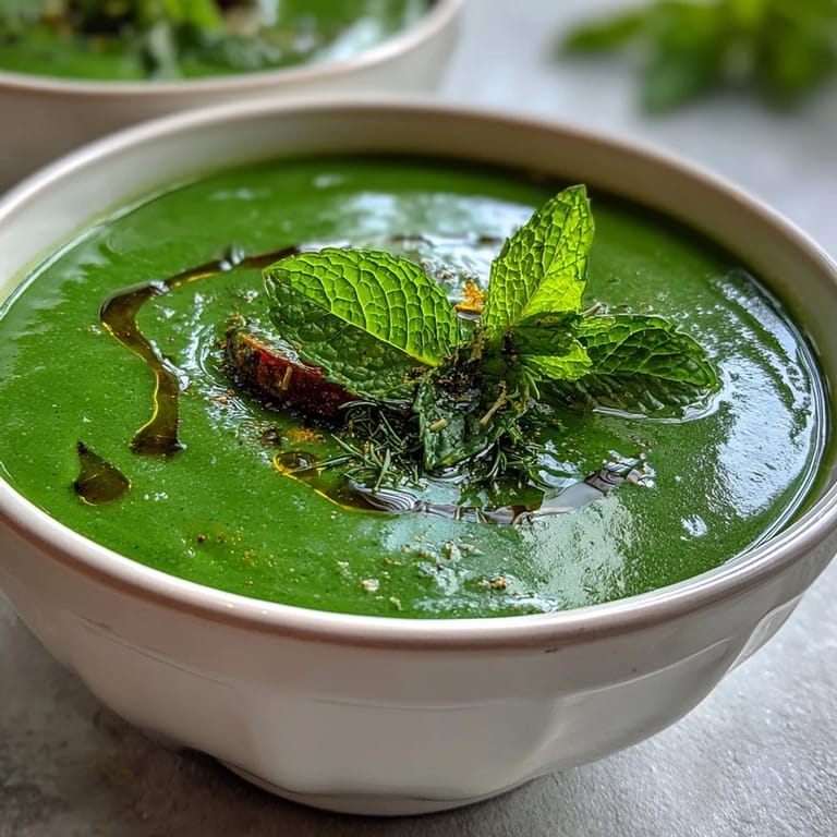 Healthy green detox vegetable soup with zucchini and peas, packed with fresh spinach, broccoli, and aromatic herbs for a nourishing meal.