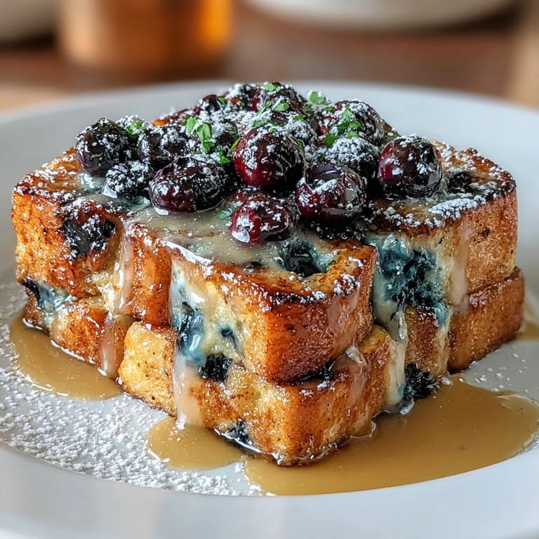 Vibrant breakfast casserole with tangy lemon, sweet blueberries, and hearty sourdough bread.