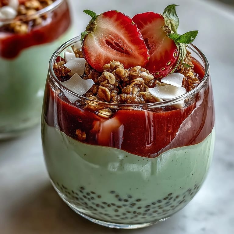 Beautifully layered chia pudding jars featuring fresh strawberries, creamy matcha yogurt, and a nutritious chia base.