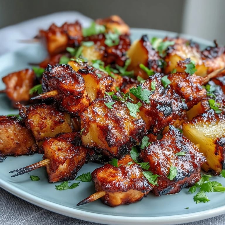 Savory-sweet air fryer chicken pineapple bites featuring tender chicken and caramelized pineapple, skewered for a fun and flavorful appetizer.