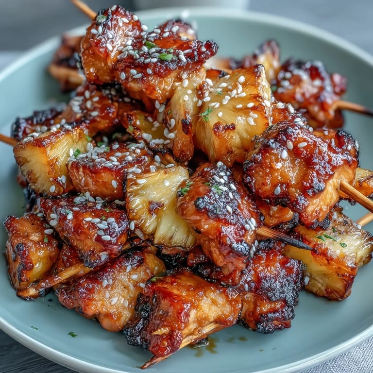 Golden air-fried chicken and pineapple skewers, glazed in sesame-ginger sauce, garnished with sesame seeds for a tropical twist.