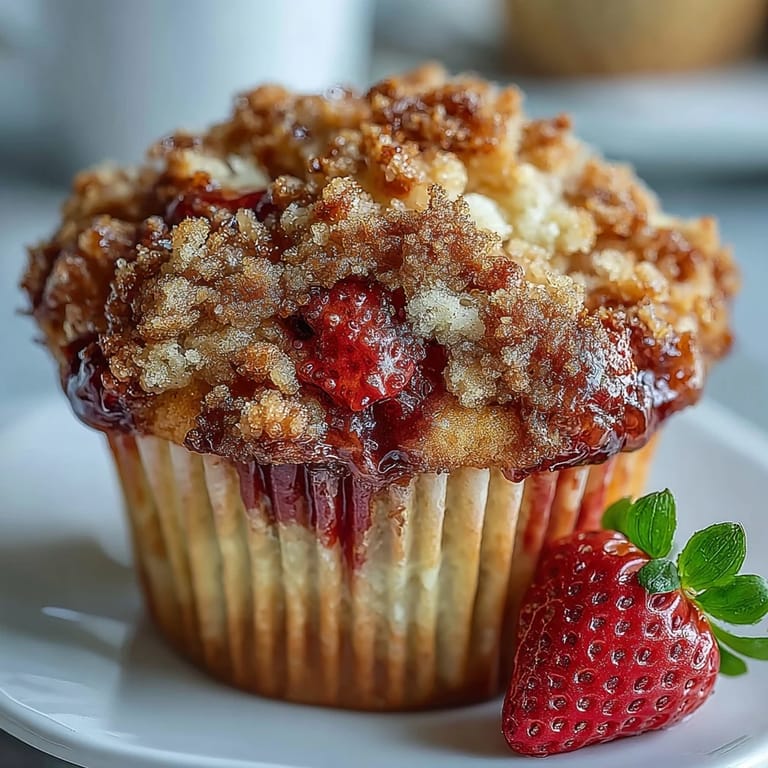 Buttery crumble-topped muffins bursting with juicy strawberries and fragrant lemon zest, perfect for a delightful morning snack.