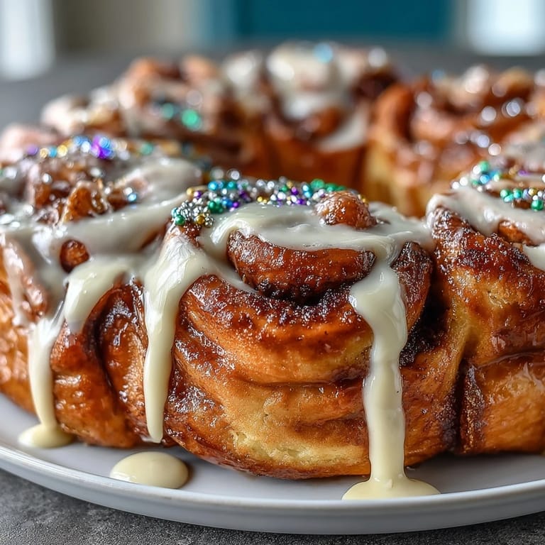 Golden baked cinnamon roll wreath drizzled with icing and topped with traditional Mardi Gras sprinkles.