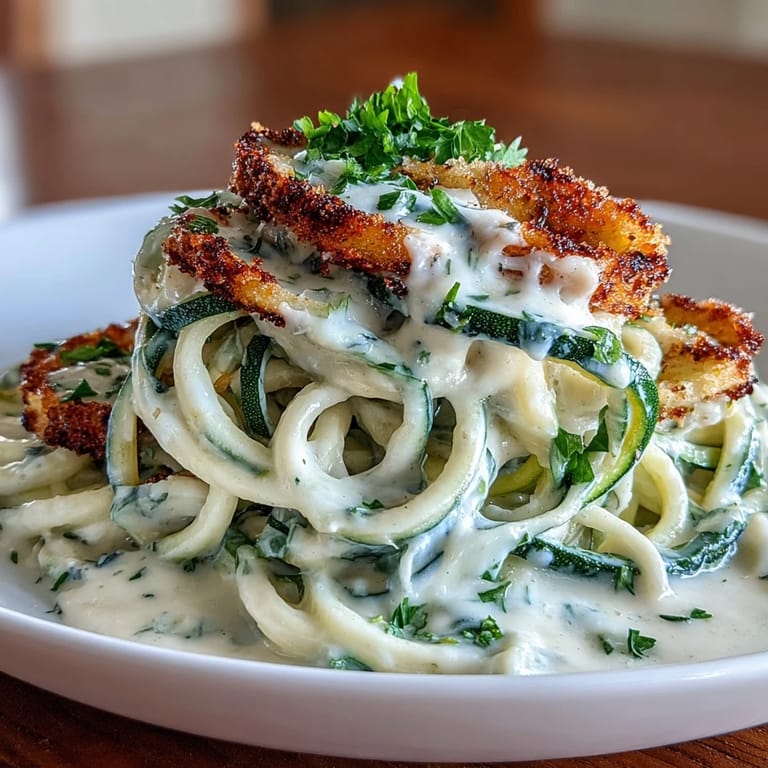 Light and nutritious zucchini noodles coated in a rich, creamy cottage cheese Alfredo sauce, perfect for a quick and wholesome dinner.