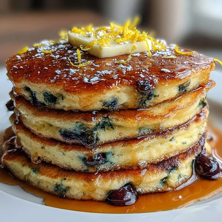Light and airy sourdough pancakes bursting with juicy blueberries and bright lemon flavor, served warm with a pat of butter.
