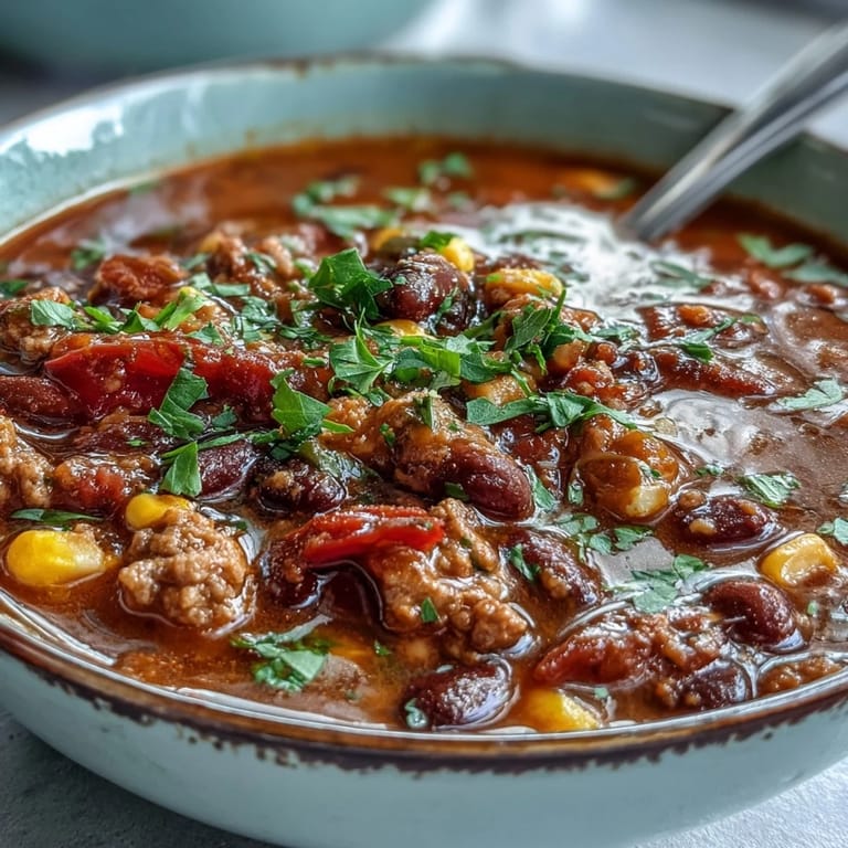 Flavorful Tex-Mex Taco Soup simmering with seasoned beef, tomatoes, and peppers in a savory broth.  