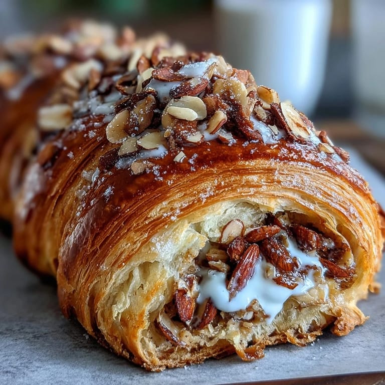 Almond croissant-style sourdough rolls with buttery frangipane filling, golden crust, and a dusting of powdered sugar, ideal for brunch or coffee.
