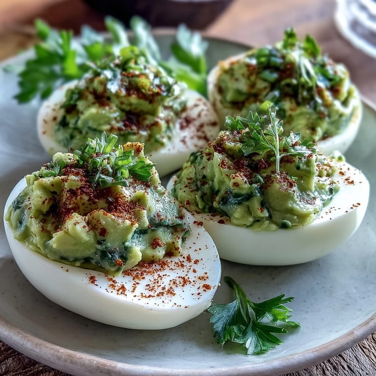 Creamy avocado deviled eggs garnished with chives and dill, offering a fresh twist on a classic American appetizer.