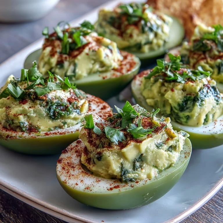 Bright green avocado deviled eggs topped with paprika, delivering a flavorful and colorful option for spring gatherings.