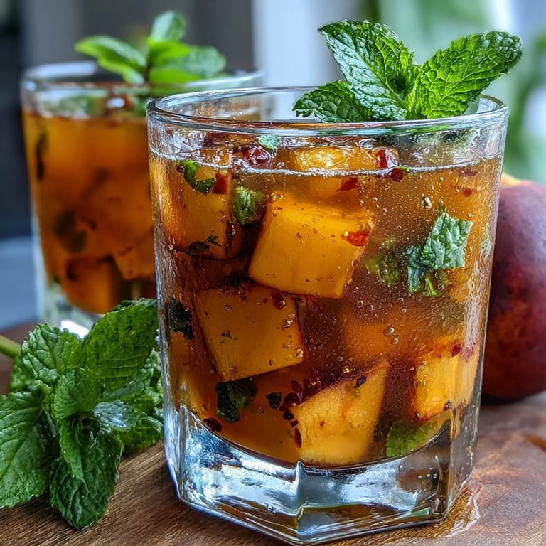 Sweet and fruity mango peach iced tea with fresh mint, perfect for cooling down on a hot summer day.