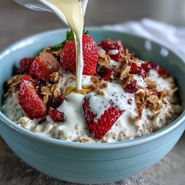 Bright, fruity strawberry chia overnight oats topped with granola for a satisfying, nutritious start to your day