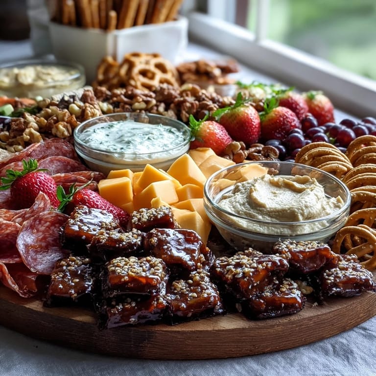 2. Festive grazing platter featuring cheddar cheese, salami, berries, and chocolate pretzels for a crowd-pleasing grad party spread.  