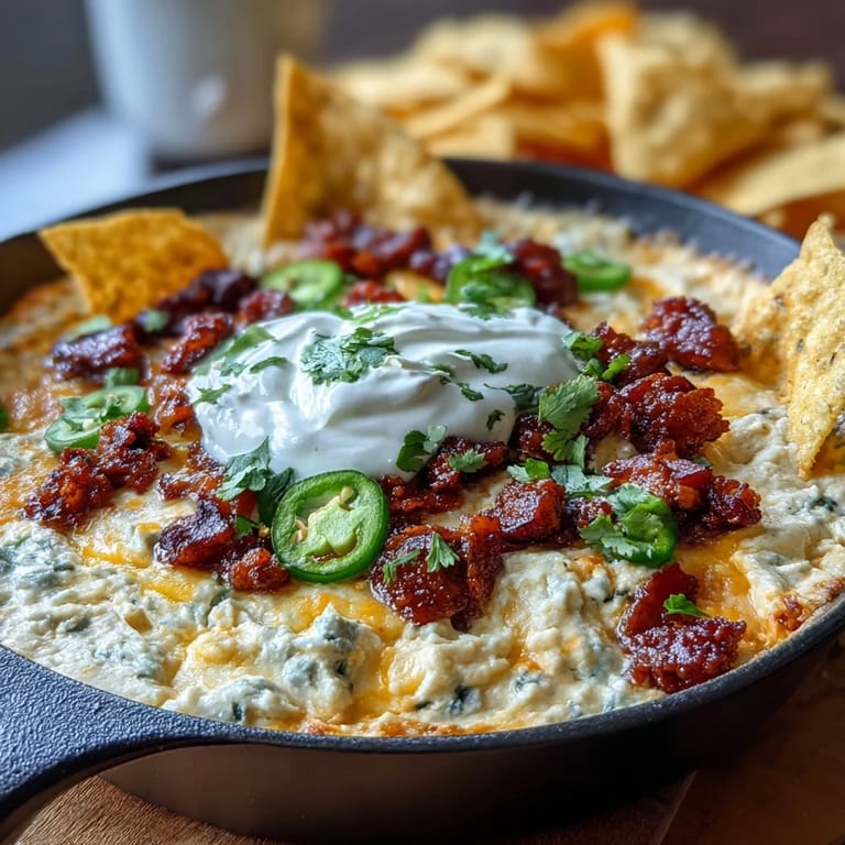 Creamy cheese dip loaded with savory chorizo, fresh pico de gallo, and jalapeños, perfect for festive gatherings and parties.