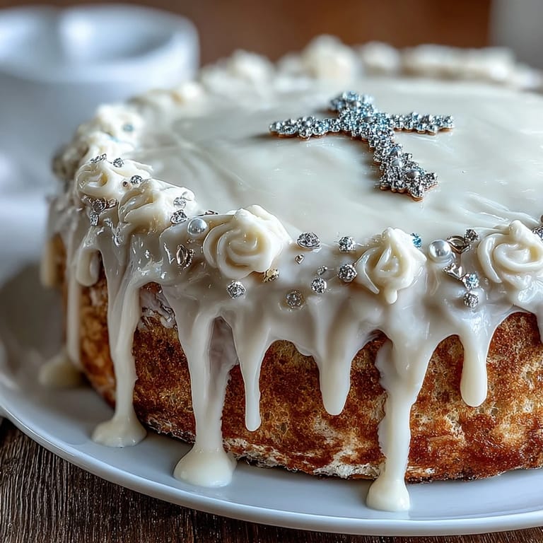 Classic vanilla sponge First Communion Cake adorned with silky buttercream, hand-shaped fondant roses, and a silver cross for a meaningful celebration.