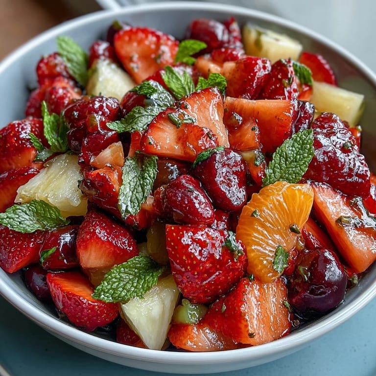 Colorful strawberry lemonade fruit salad with bright red strawberries, green grapes, and tropical pineapple, perfect for summer picnics and gatherings.