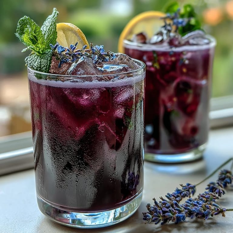 Vibrant lavender lemonade with fresh mint leaves, served chilled with lemon slices for a beautiful, aromatic beverage.