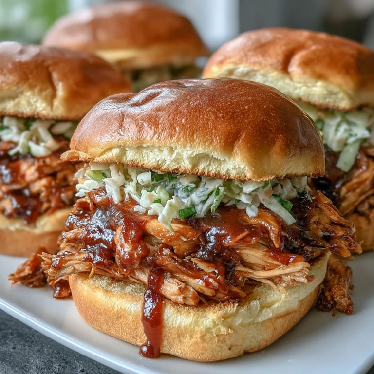 2. Slow-cooked shredded chicken drenched in rich BBQ sauce, piled high and topped with crisp coleslaw for a hearty meal.