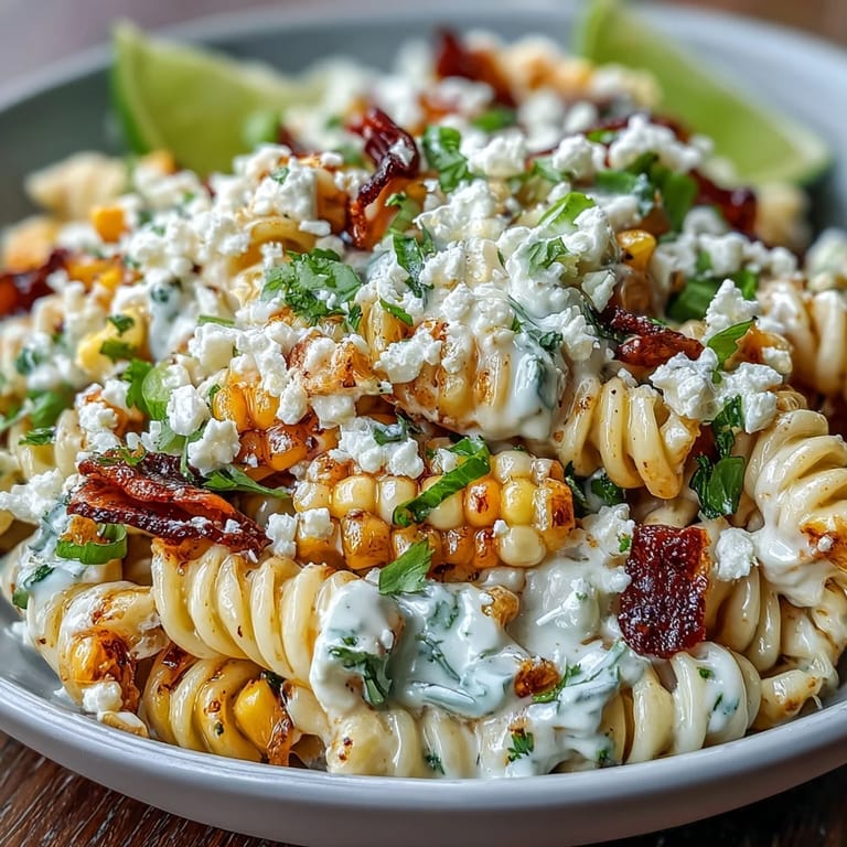 Colorful rotini pasta mixed with sweet corn, red bell pepper, and crumbled Cotija in a creamy lime dressing.