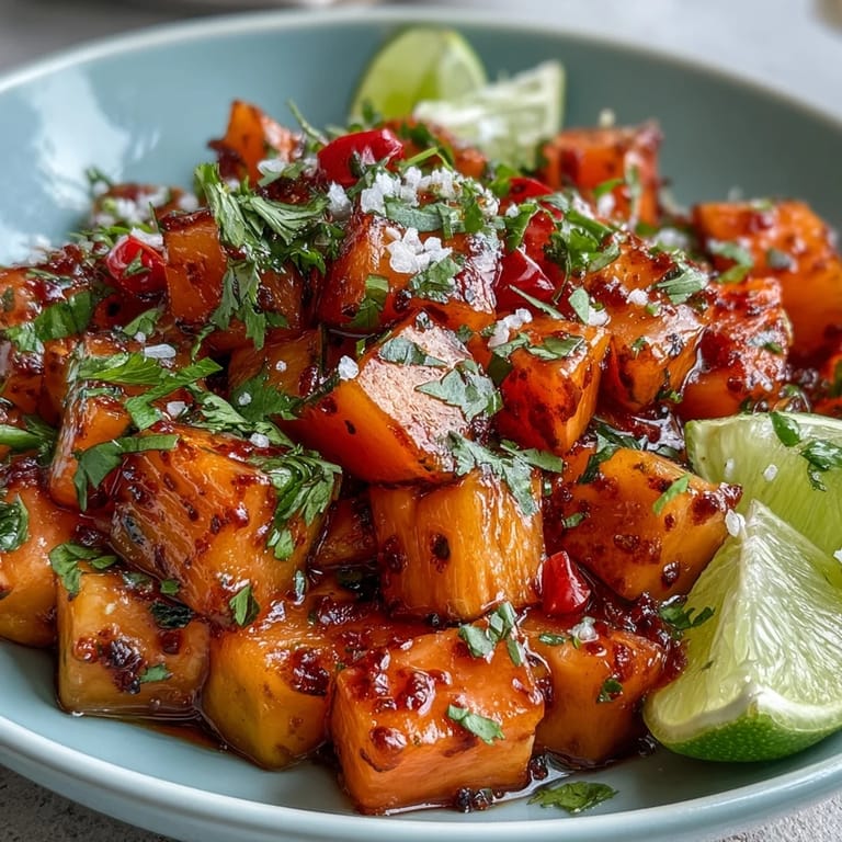 Zesty lime and chili-seasoned tropical mango fruit cups, garnished with cilantro and lime wedges for a refreshing treat.