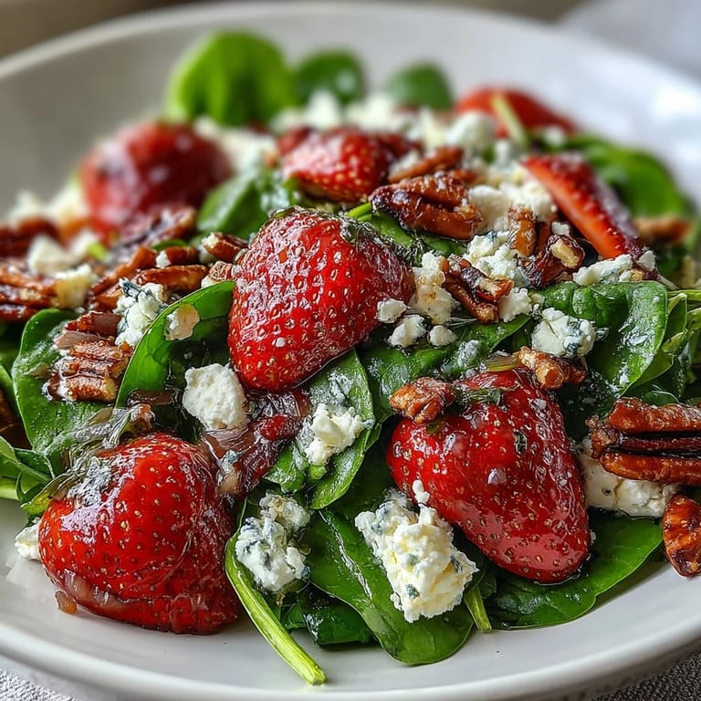 Fresh strawberry spinach salad with crumbled goat cheese, red onion, and sweet candied pecans, drizzled with homemade balsamic dressing.