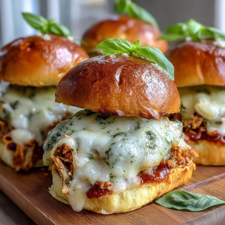 Freshly baked Pesto Chicken Parmesan Sliders with melted mozzarella and marinara sauce for dipping on a rustic wooden board.