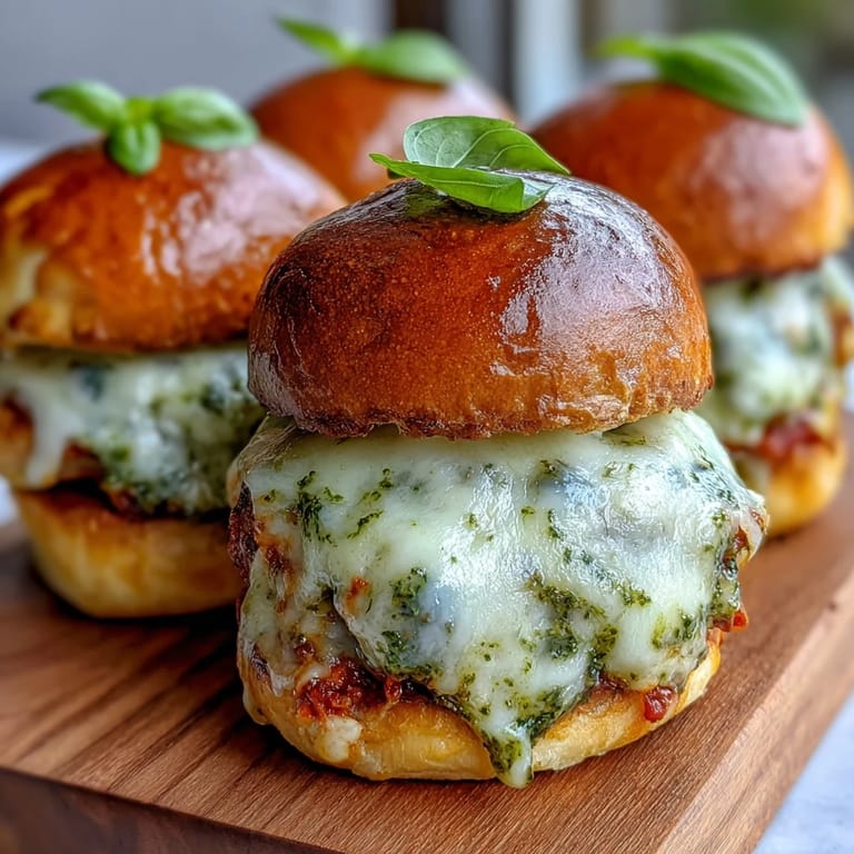 Mini Pesto Chicken Parmesan Sliders filled with shredded chicken, pesto, and marinara sauce, arranged on a white serving plate.