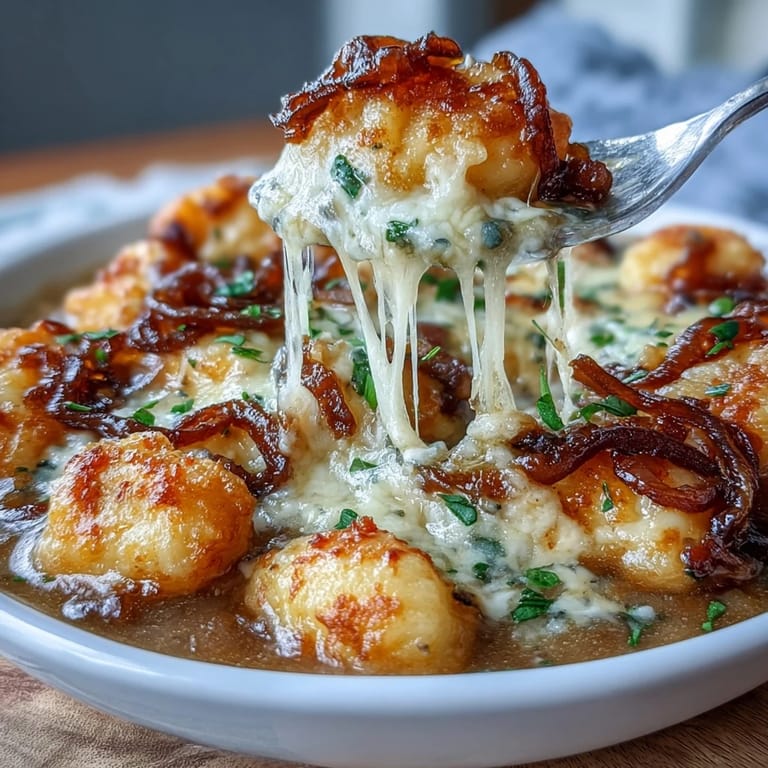 Rich French onion soup meets pillowy gnocchi, topped with Gruyère and crisp baguette slices.