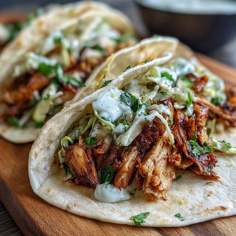 Flavorful roasted chicken tacos topped with vibrant cabbage slaw, fresh cilantro, and creamy lemon sauce.