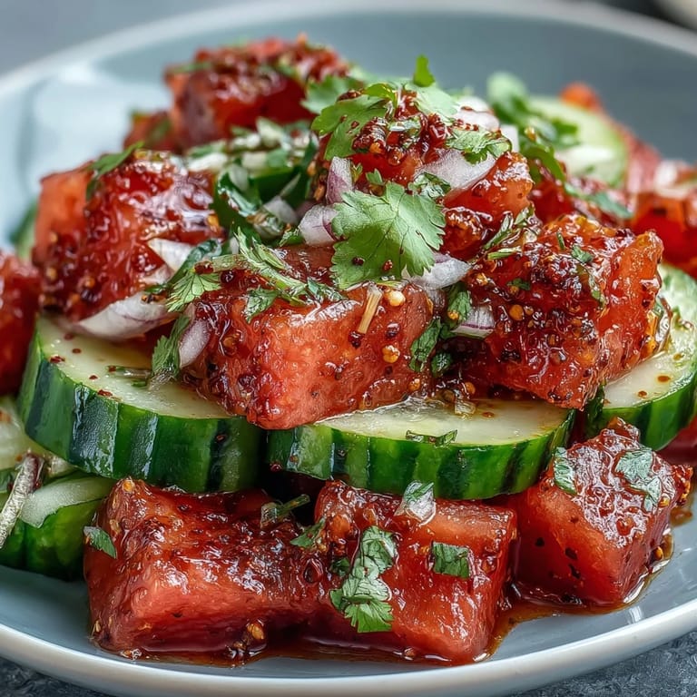 Juicy watermelon cucumber salad, a refreshing dish dressed with Tajin and lime.