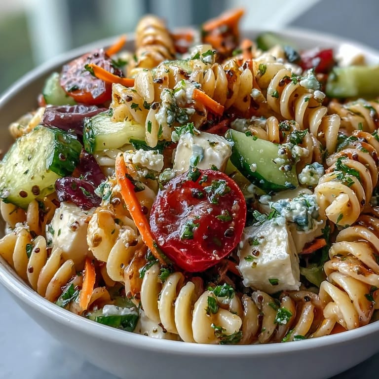 A vibrant Memorial Day Pasta Salad with crisp vegetables, ready for your next gathering.