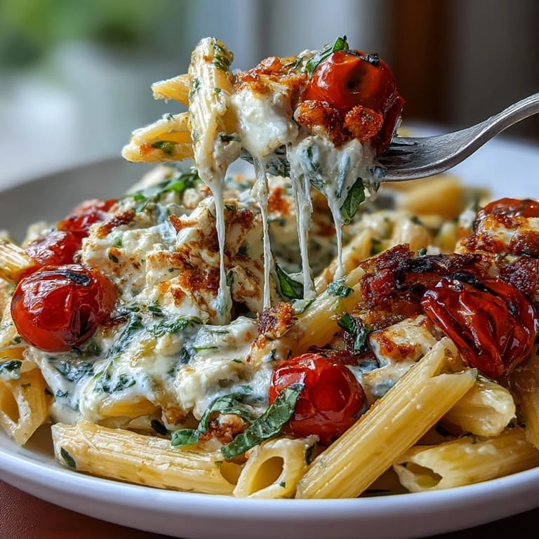 Our vibrant baked feta pasta recipe, drizzled with olive oil, looks amazing.